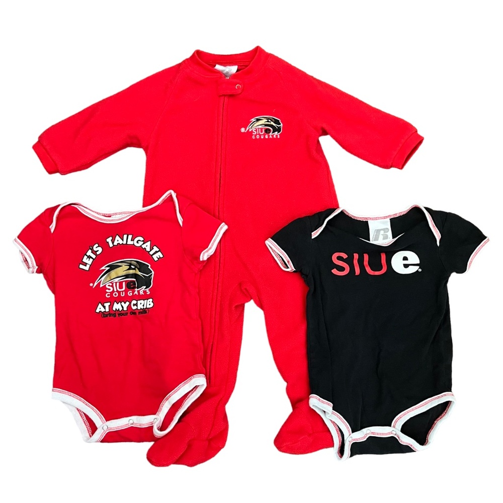 3-Piece SIUE Baby Bundle: 1 Red Fleece Pajamas & 2 Onesies, Size 6-9 Months